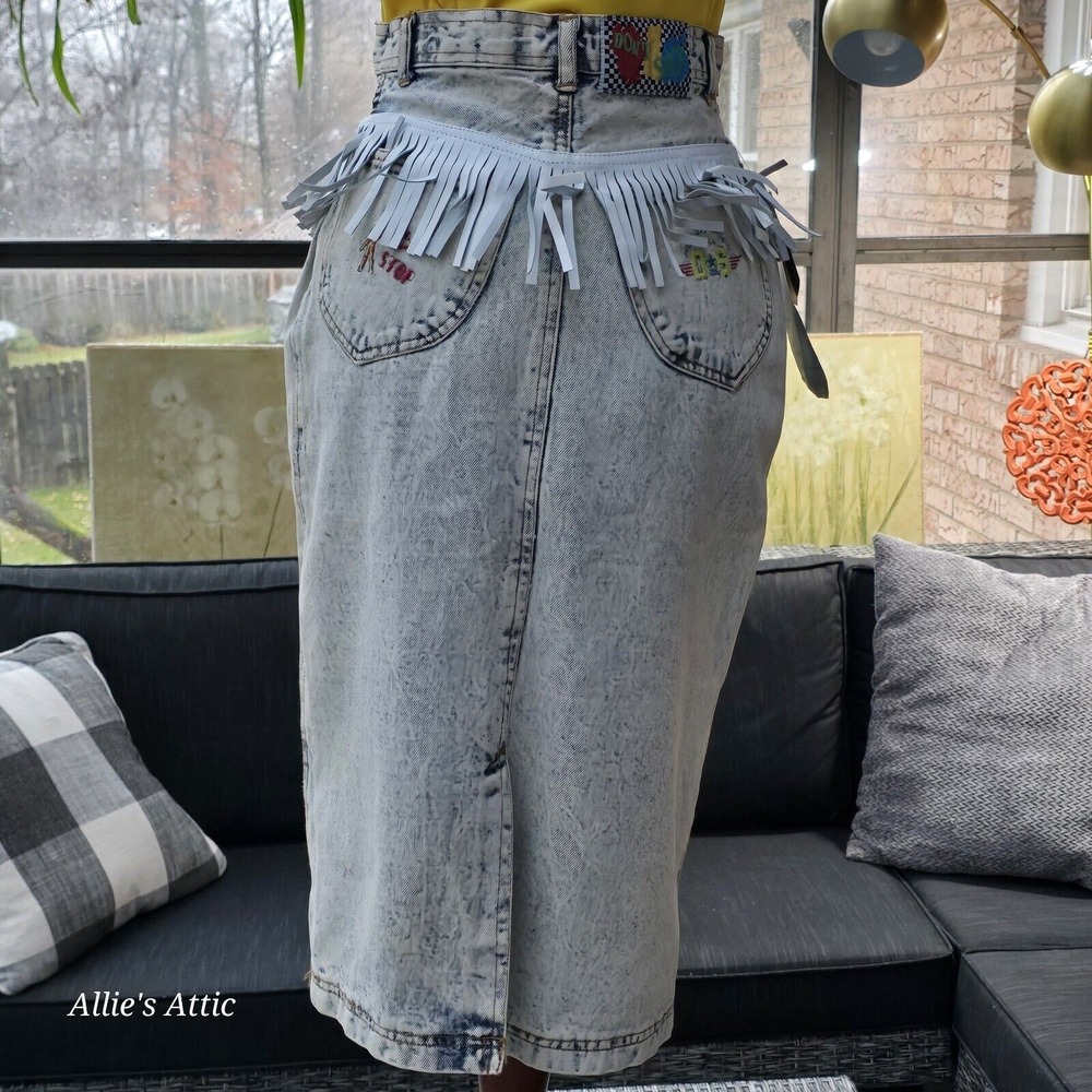 80s 90s Denim Jean Skirt Blue Acid Wash Mom High Waist Fringe Western 9/10 NOS - Picture 5 of 16